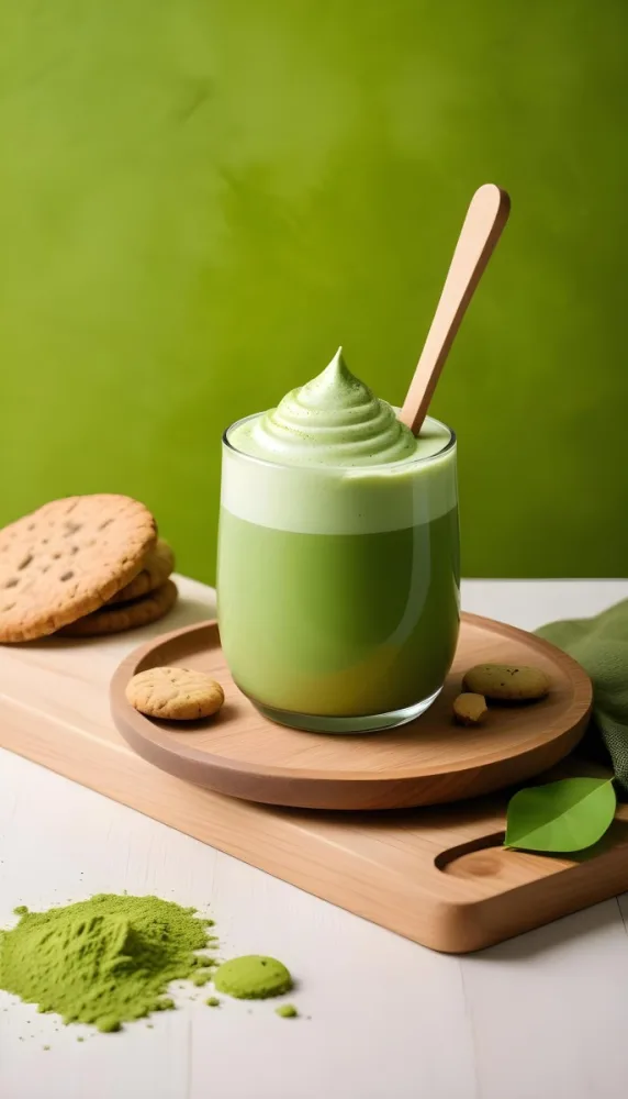 A Glass Of Matcha Latte With A Wooden Spoon On A Wooden Coaster With A Green Background And Some Cookies 9 7fee