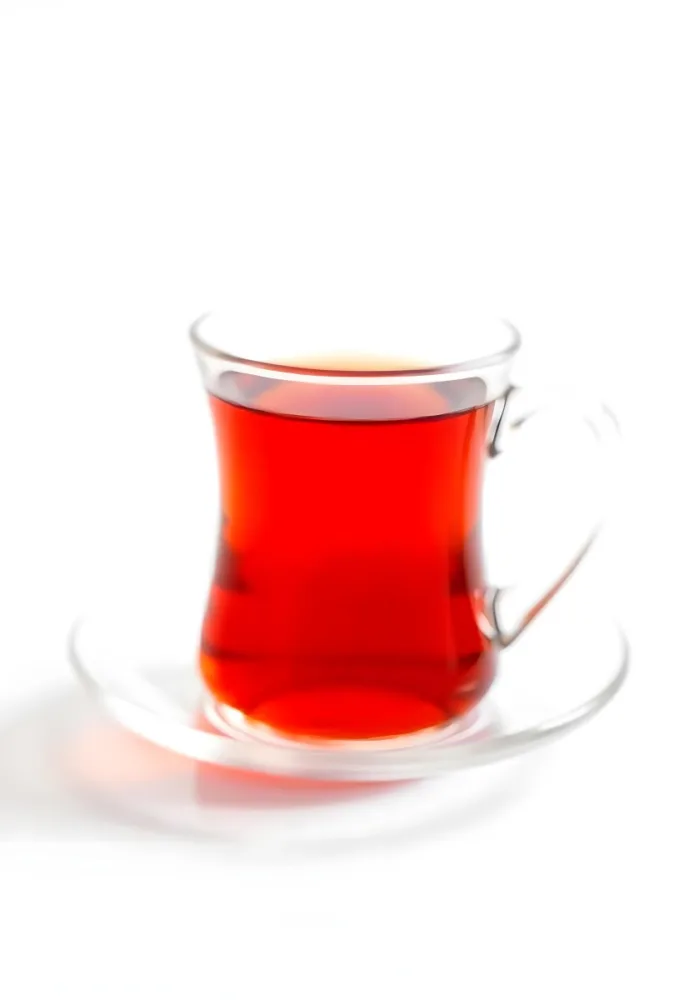 A Glass Of Red Tea On A Glass Saucer White Background 26 77bc