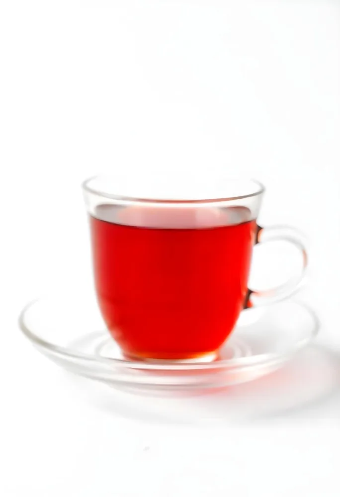 A Glass Of Red Tea On A Glass Saucer White Background 28 41f7