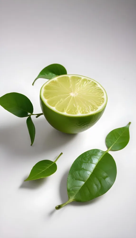 A Green Lime With A Leaf On A White Surface Bright Light Studio Shot Food Photography 7 4373
