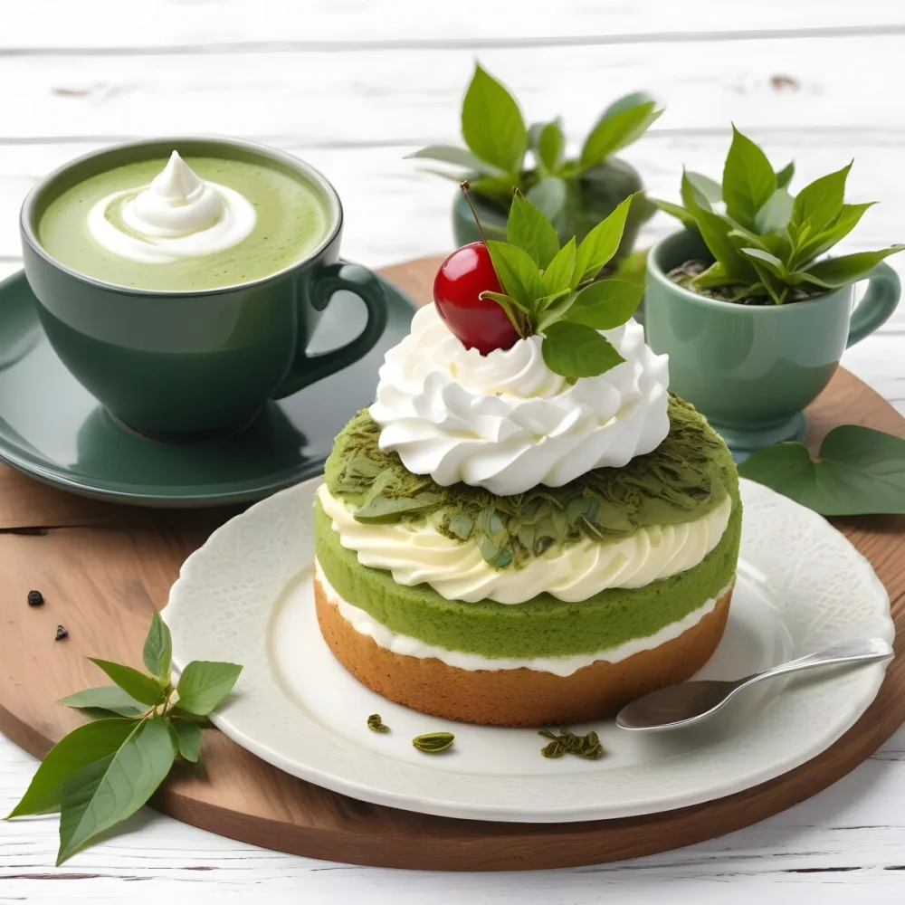 A Green Tea Cake With Whipped Cream Topping Garnished With Fresh Raspberries And Green Leaves Served With A Cup Of Green Tea On A Wooden Table In Daylight With Sunny Weather In The Background 12 85ca