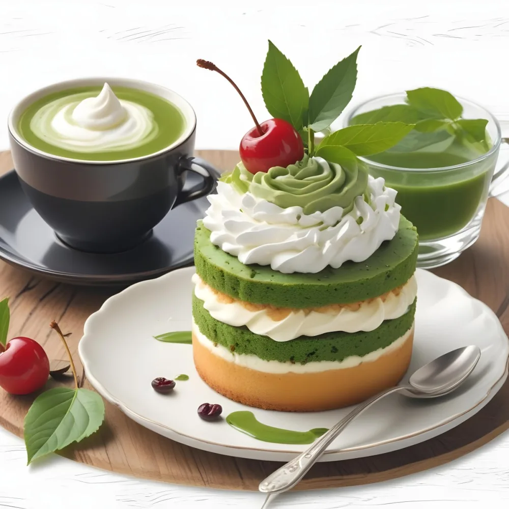 A Green Tea Cake With Whipped Cream Topping Garnished With Fresh Raspberries And Green Leaves Served With A Cup Of Green Tea On A Wooden Table In Daylight With Sunny Weather In The Background 16 0cea