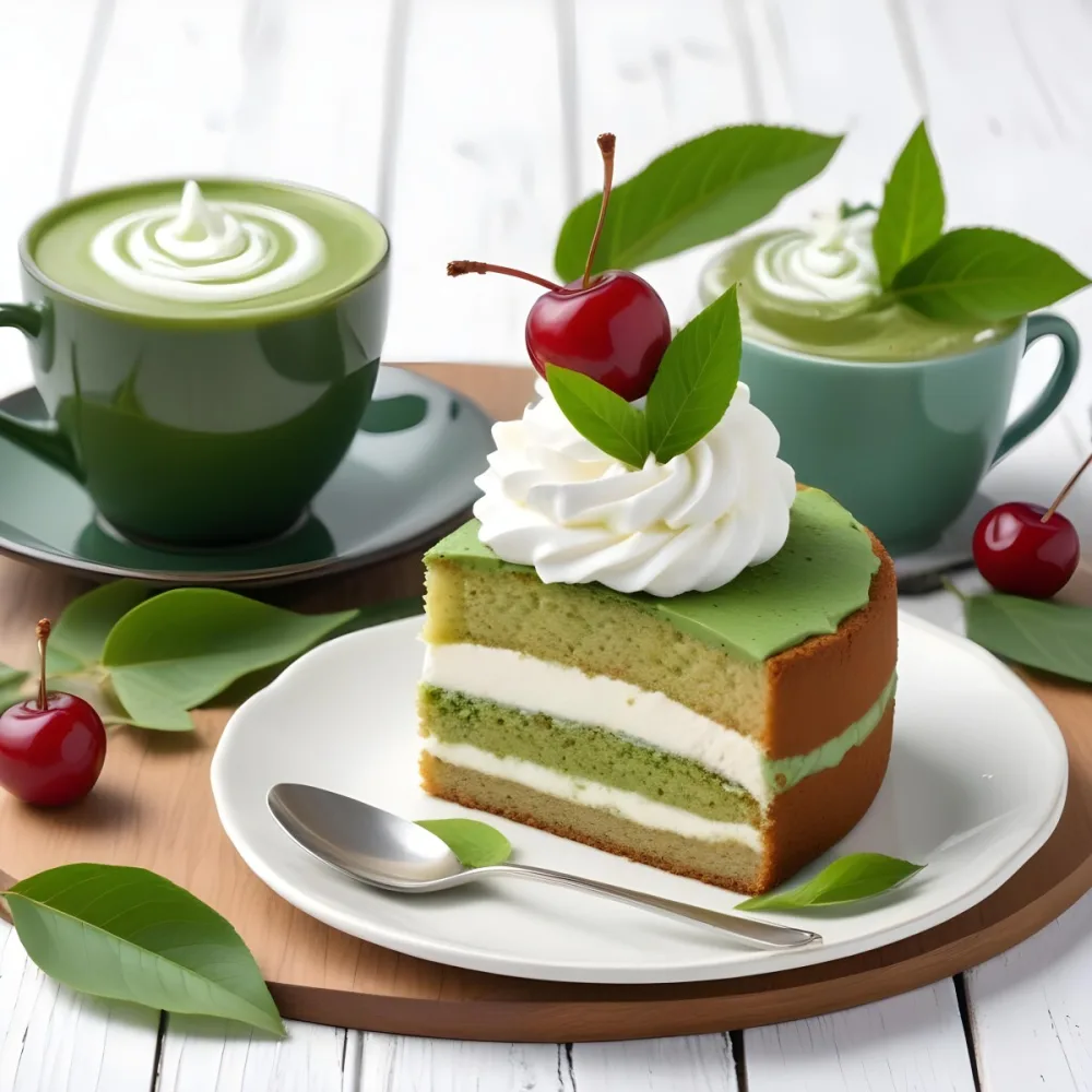 A Green Tea Cake With Whipped Cream Topping Garnished With Fresh Raspberries And Green Leaves Served With A Cup Of Green Tea On A Wooden Table In Daylight With Sunny Weather In The Background 35 Bc81