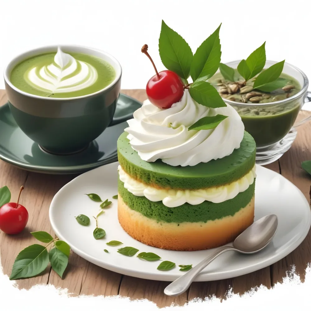 A Green Tea Cake With Whipped Cream Topping Garnished With Fresh Raspberries And Green Leaves Served With A Cup Of Green Tea On A Wooden Table In Daylight With Sunny Weather In The Background 51 993d