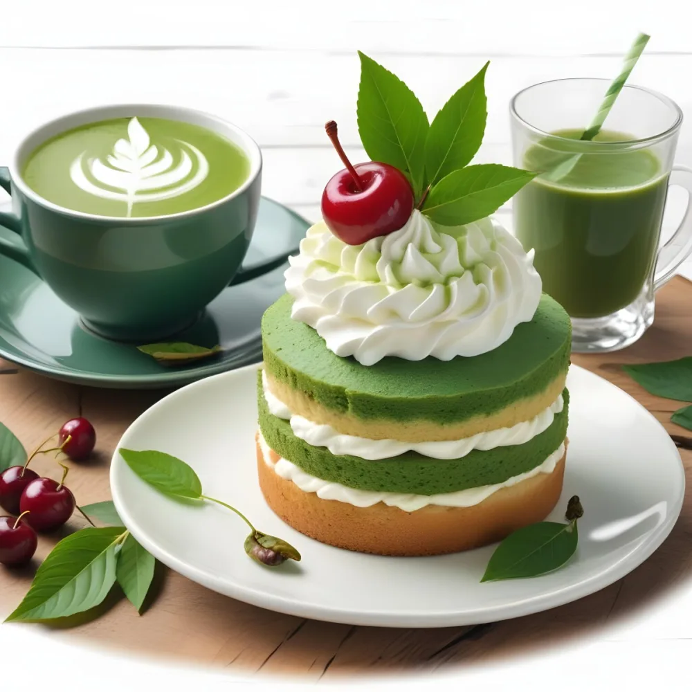 A Green Tea Cake With Whipped Cream Topping Garnished With Fresh Raspberries And Green Leaves Served With A Cup Of Green Tea On A Wooden Table In Daylight With Sunny Weather In The Background 53 B616