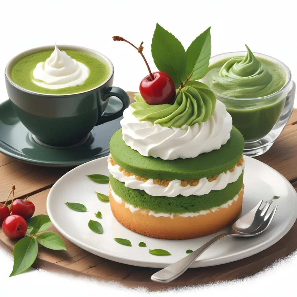 A Green Tea Cake With Whipped Cream Topping Garnished With Fresh Raspberries And Green Leaves Served With A Cup Of Green Tea On A Wooden Table In Daylight With Sunny Weather In The Background 7 4d99