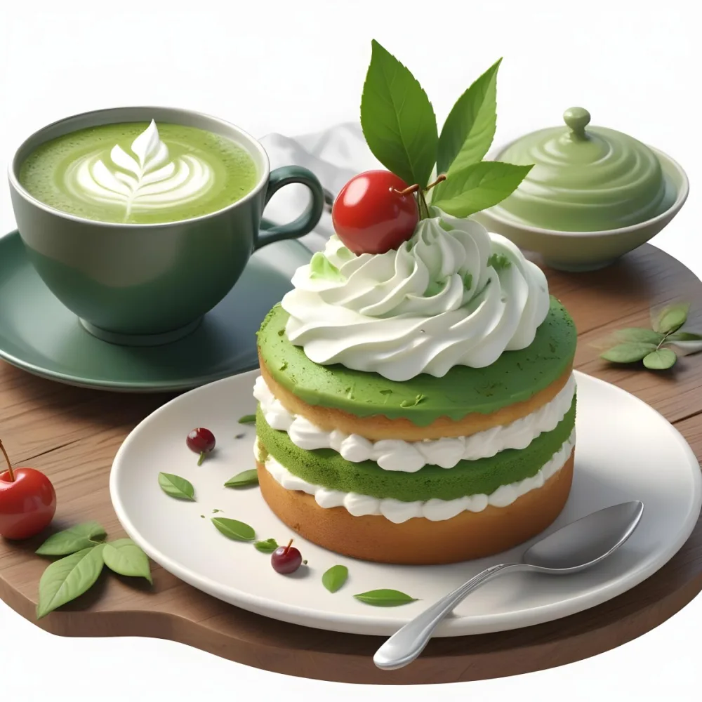 A Green Tea Cake With Whipped Cream Topping Garnished With Fresh Raspberries And Green Leaves Served With A Cup Of Green Tea On A Wooden Table In Daylight With Sunny Weather In The Background 88 B895