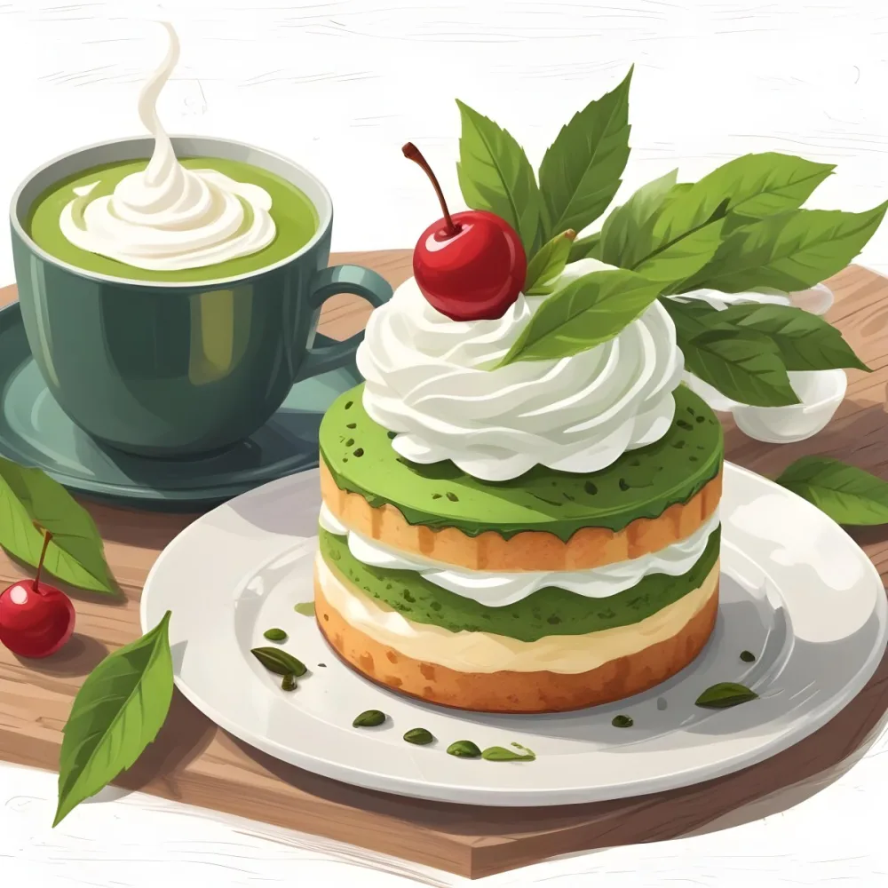 A Green Tea Cake With Whipped Cream Topping Garnished With Fresh Raspberries And Green Leaves Served With A Cup Of Green Tea On A Wooden Table In Daylight With Sunny Weather In The Background 89 Ff4f