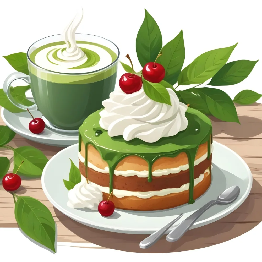 A Green Tea Cake With Whipped Cream Topping Garnished With Fresh Raspberries And Green Leaves Served With A Cup Of Green Tea On A Wooden Table In Daylight With Sunny Weather In The Background 91 8e28