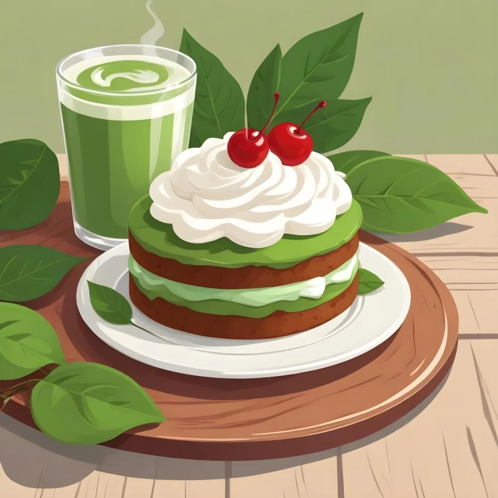 A Green Tea Cake With Whipped Cream Topping Garnished With Fresh Raspberries And Green Leaves Served With A Cup Of Green Tea On A Wooden Table In Daylight With Sunny Weather In The Background 93 9222
