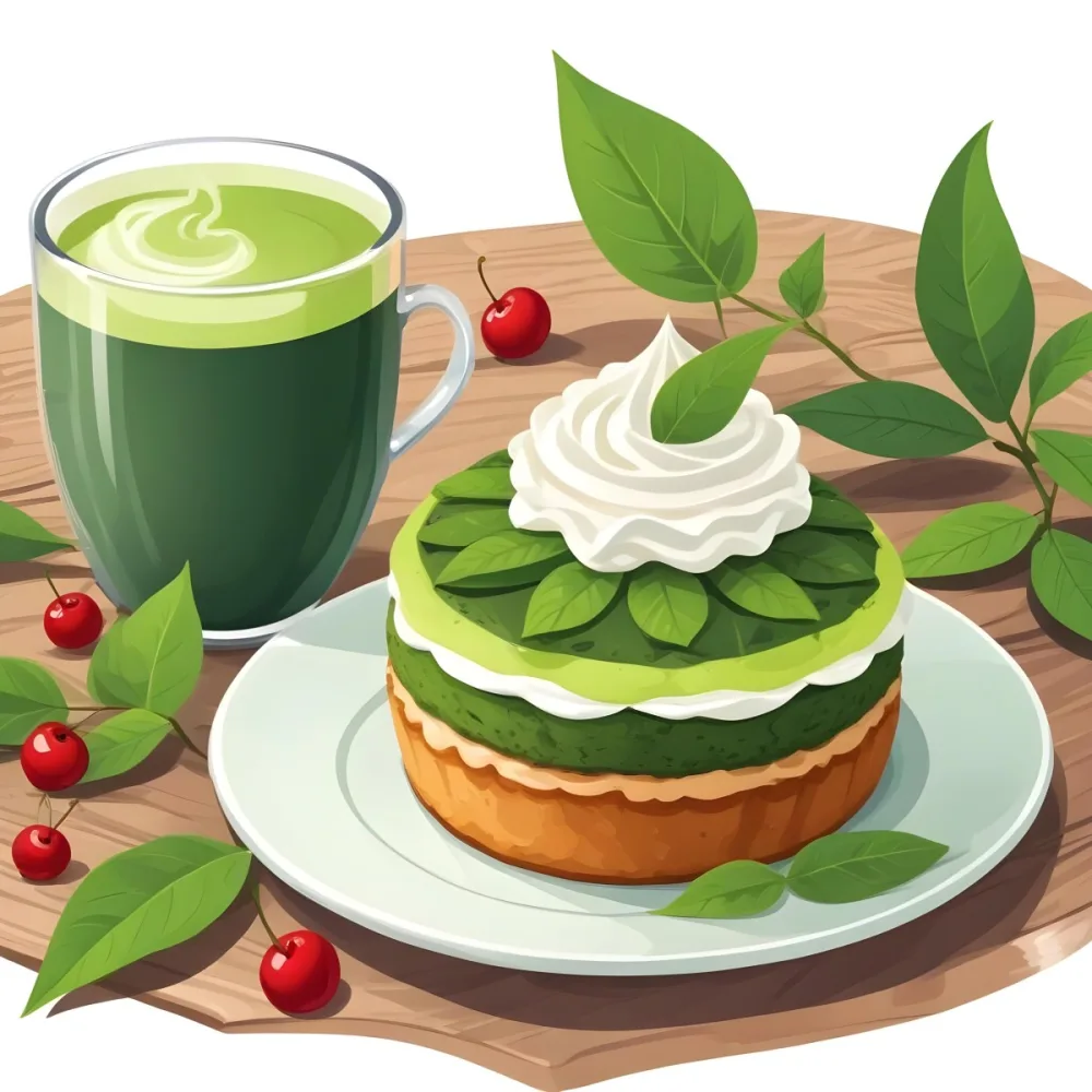 A Green Tea Cake With Whipped Cream Topping Garnished With Fresh Raspberries And Green Leaves Served With A Cup Of Green Tea On A Wooden Table In Daylight With Sunny Weather In The Background 94 5ead