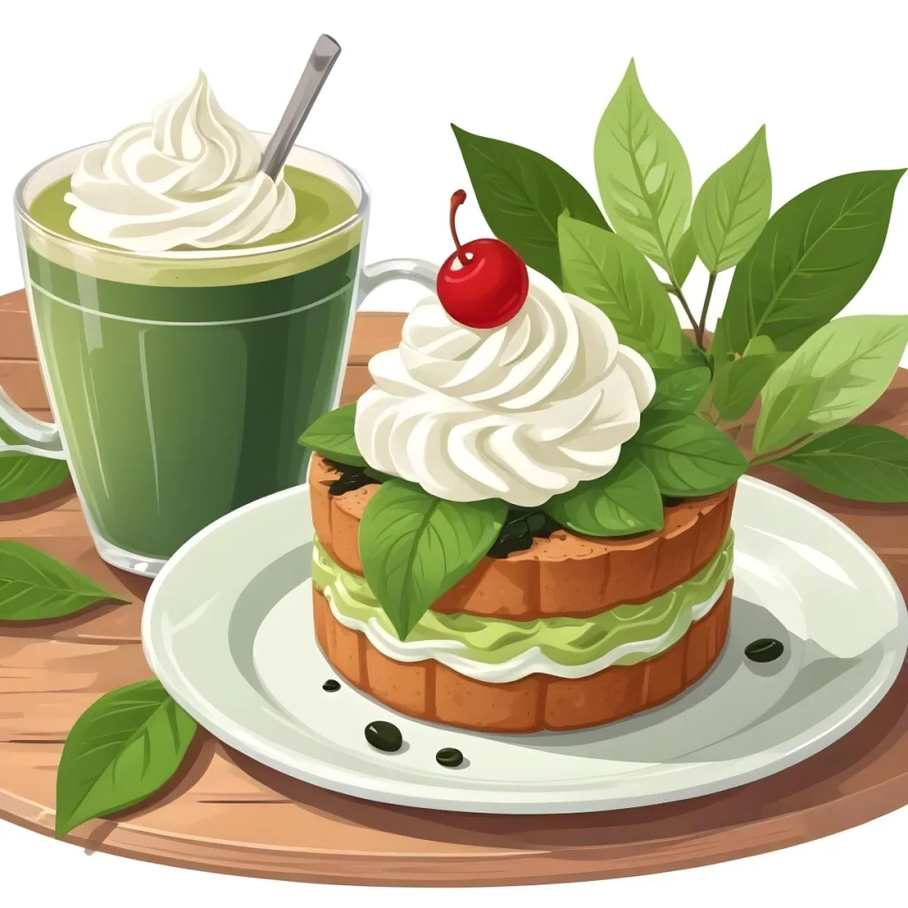 A Green Tea Cake With Whipped Cream Topping Garnished With Fresh Raspberries And Green Leaves Served With A Cup Of Green Tea On A Wooden Table In Daylight With Sunny Weather In The Background 95 921b