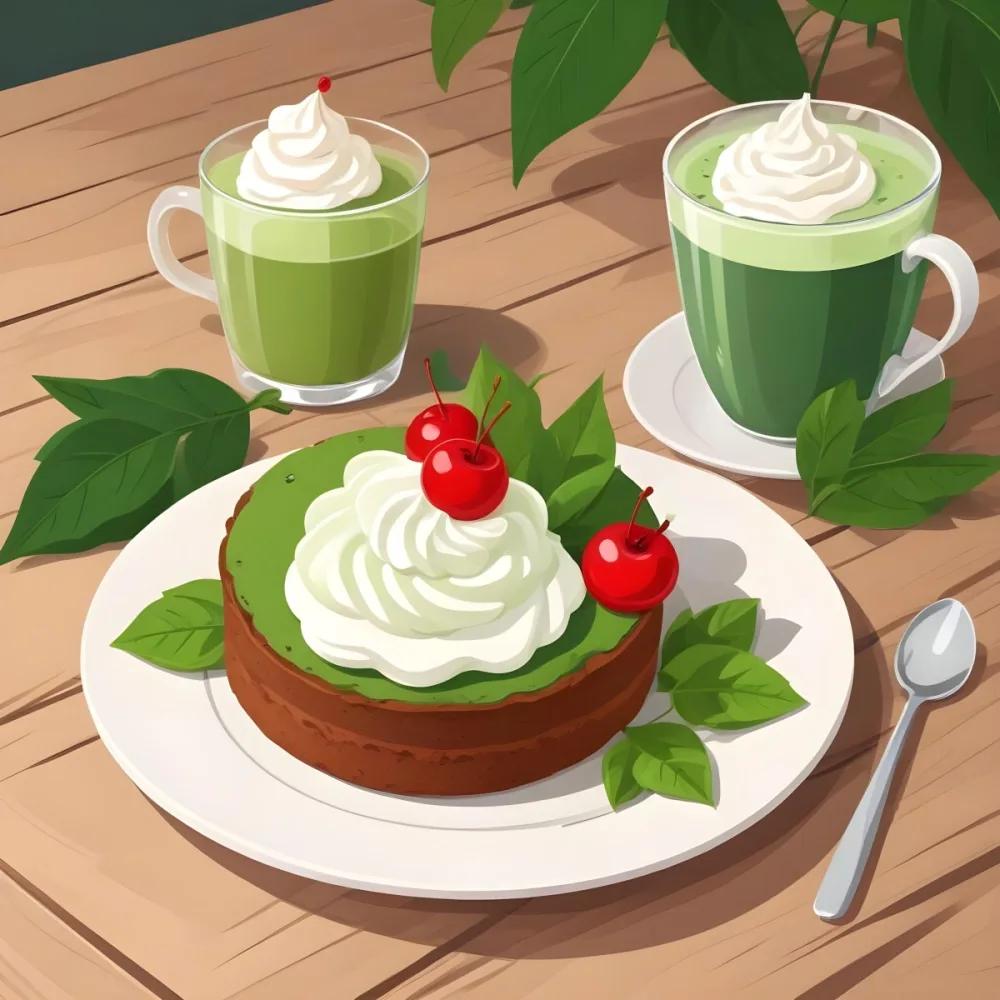 A Green Tea Cake With Whipped Cream Topping Garnished With Fresh Raspberries And Green Leaves Served With A Cup Of Green Tea On A Wooden Table In Daylight With Sunny Weather In The Background 96 B9de