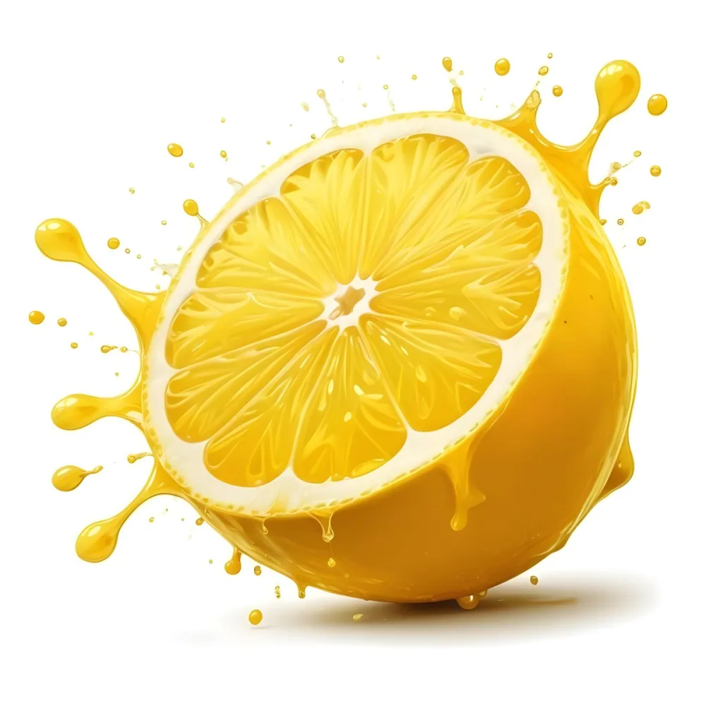 A Half Of A Lemon With Juice Splashing Out Yellow Color Smooth Texture White Background Vibrant Colors Refreshing Juicy And Visually Appealing 47 1d36