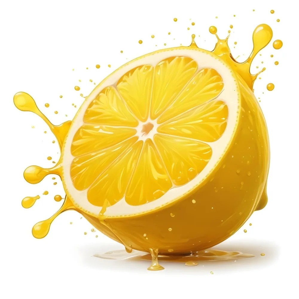 A Half Of A Lemon With Juice Splashing Out Yellow Color Smooth Texture White Background Vibrant Colors Refreshing Juicy And Visually Appealing 59 70be