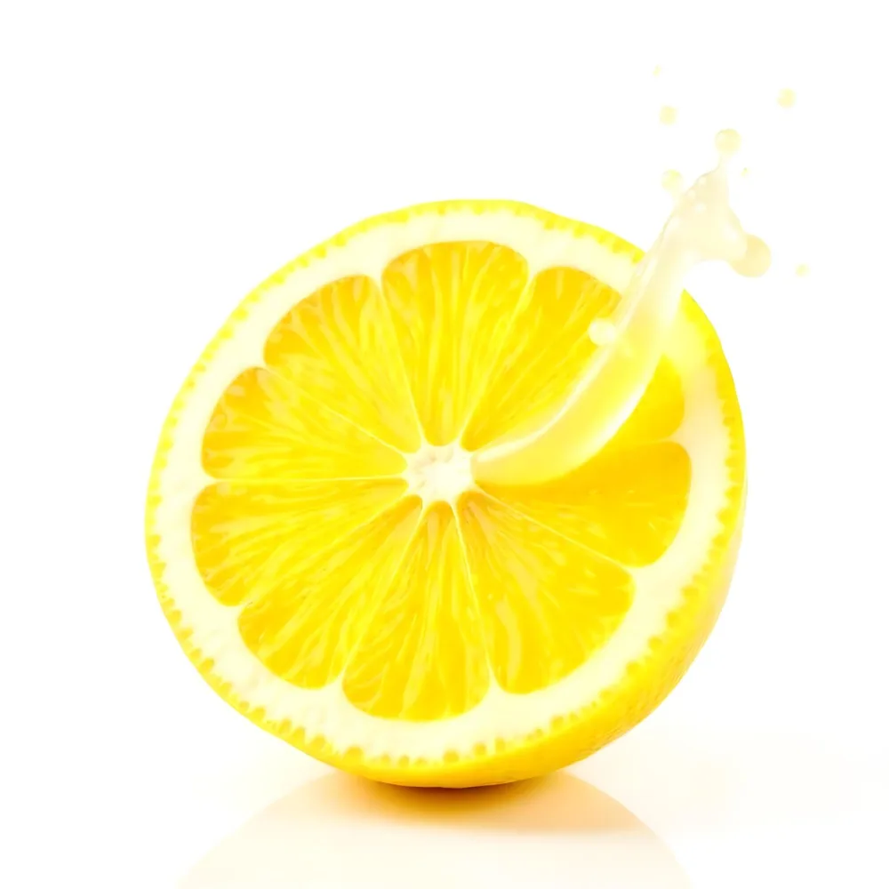 A Half Of A Lemon With Juice Splashing Out Yellow Color Smooth Texture White Background Vibrant Colors Refreshing Juicy And Visually Appealing 6 E818