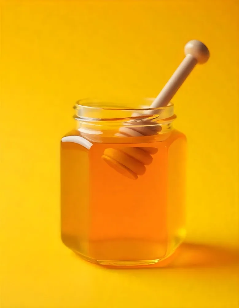 A Jar Full Of Honey With A Honey Dipper On A Yellow Background 12 0083