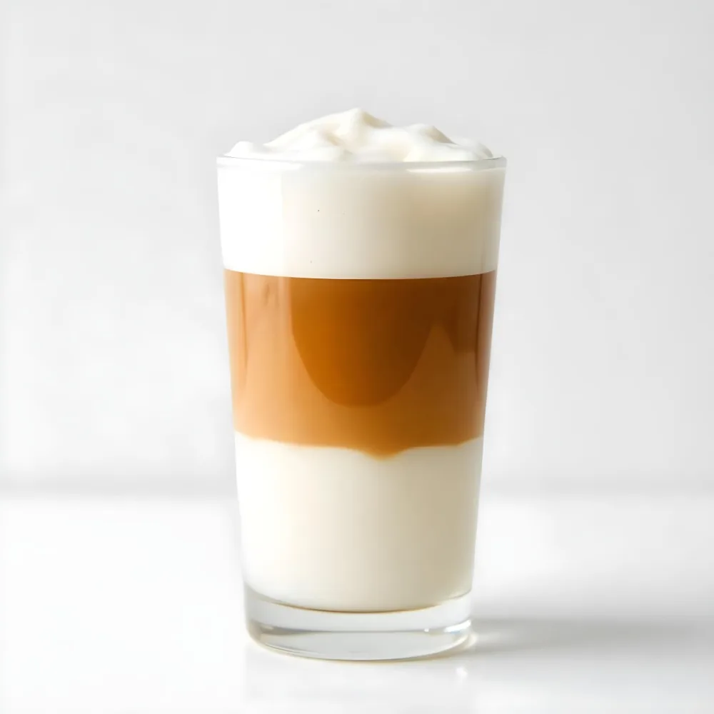 A Latte Macchiato In A Glass With Three Distinct Layers Of Milk Coffee And Foam The Background Is Plain White 5 5a8d