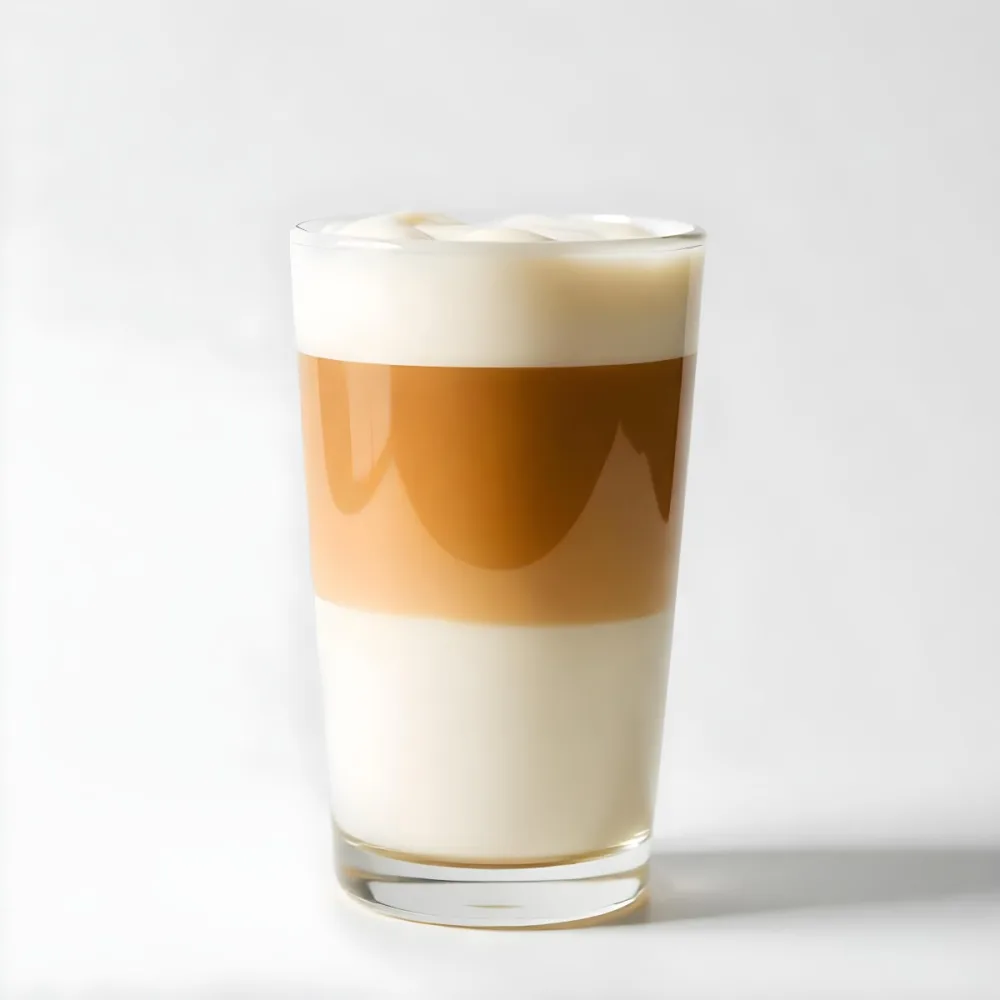 A Latte Macchiato In A Glass With Three Distinct Layers Of Milk Coffee And Foam The Background Is Plain White 6 4486