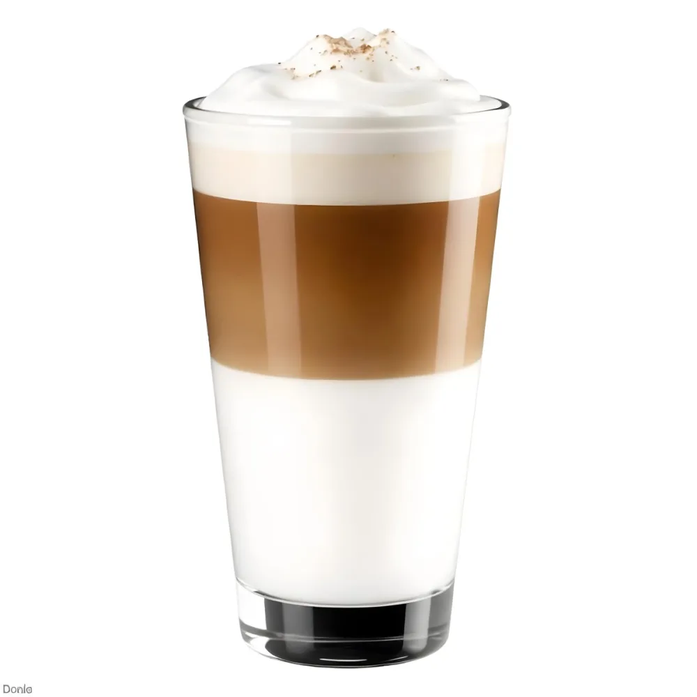 A Latte Macchiato In A Glass With Three Distinct Layers Of Milk Coffee And Foam The Background Is Plain White 9 42cc