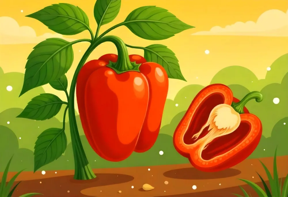 A Red Bell Pepper Plant With Red Leaves Next To A Sliced Red Bell Pepper In A Field With A Red Sky 5 05b7
