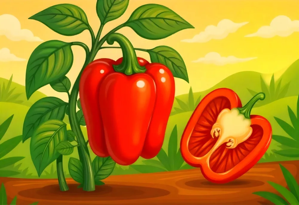 A Red Bell Pepper Plant With Red Leaves Next To A Sliced Red Bell Pepper In A Field With A Red Sky 7 529d