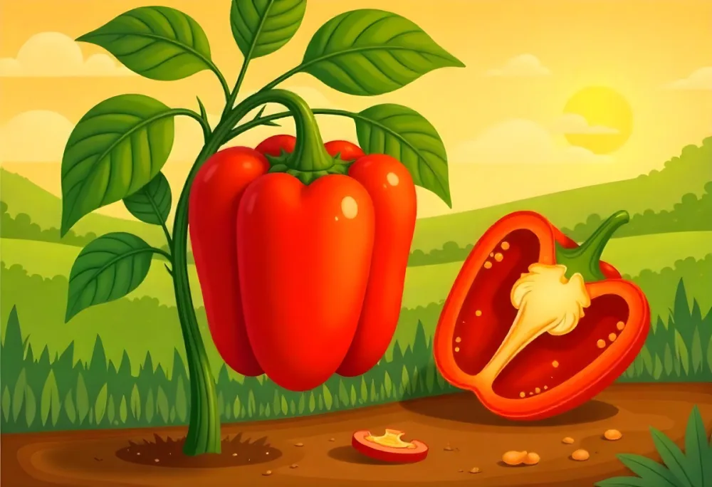 A Red Bell Pepper Plant With Red Leaves Next To A Sliced Red Bell Pepper In A Field With A Red Sky 9 9bea