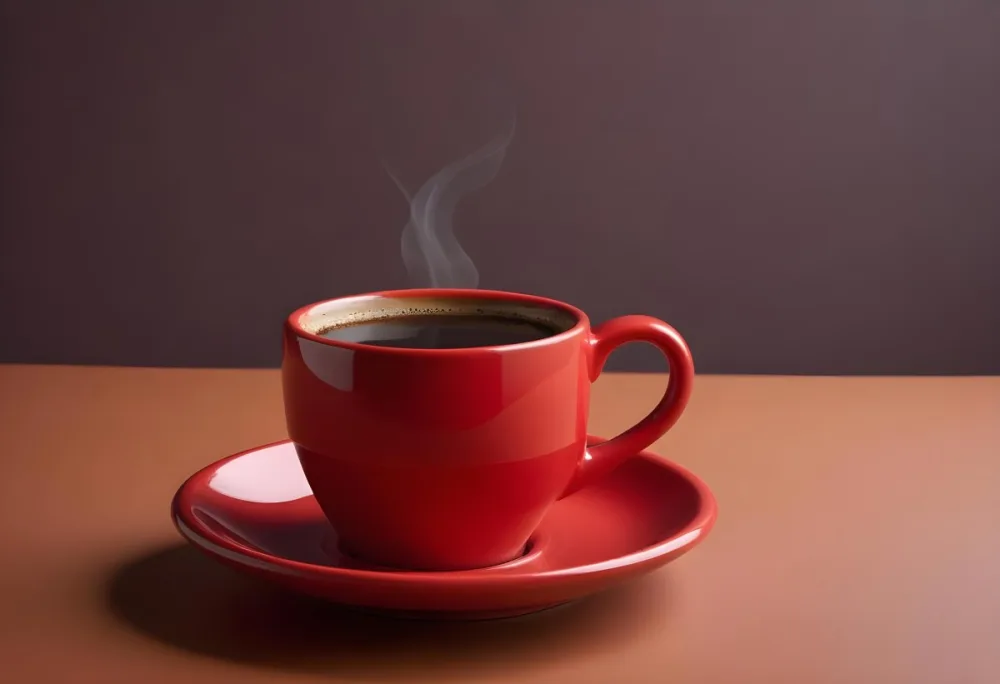 A Red Ceramic Cup Filled With A Creamy Latte With A Heart Shaped Design Made From The Foam On Top Sitting On A Matching Red Saucer 13 6c69
