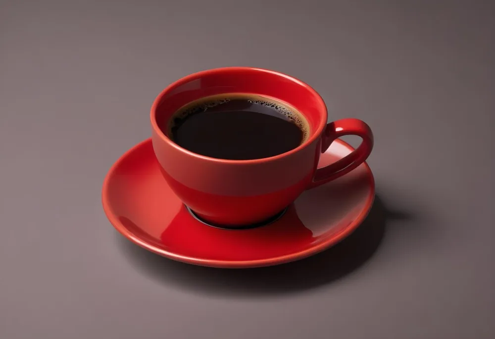 A Red Ceramic Cup Filled With A Creamy Latte With A Heart Shaped Design Made From The Foam On Top Sitting On A Matching Red Saucer 16 E919