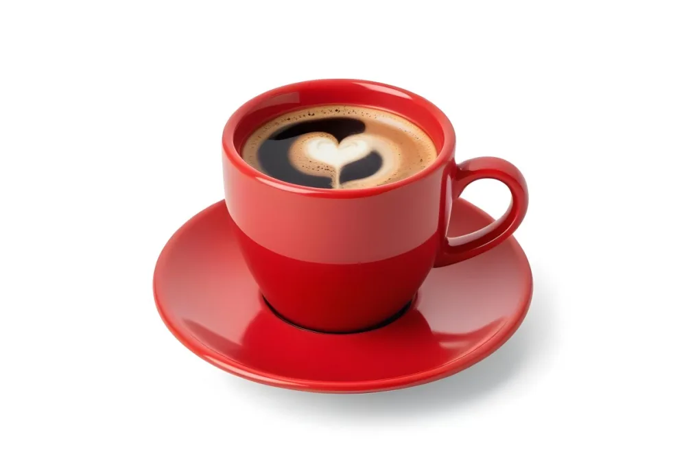 A Red Ceramic Cup Filled With A Creamy Latte With A Heart Shaped Design Made From The Foam On Top Sitting On A Matching Red Saucer 29 4e88