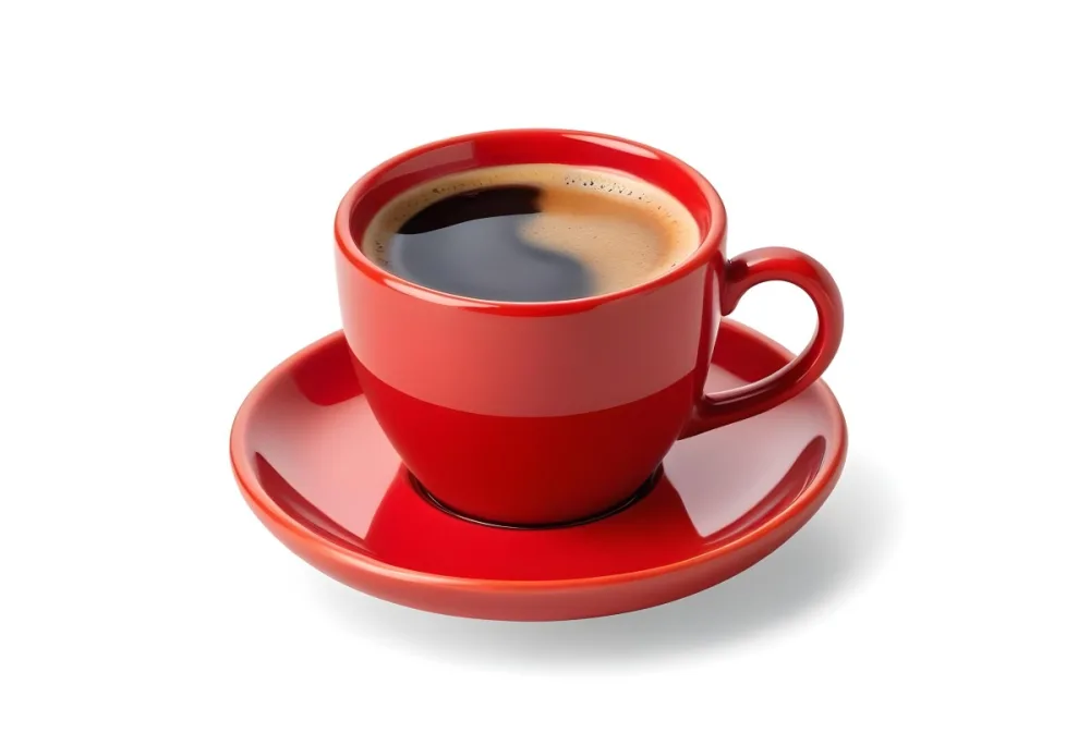 A Red Ceramic Cup Filled With A Creamy Latte With A Heart Shaped Design Made From The Foam On Top Sitting On A Matching Red Saucer 35 4b59
