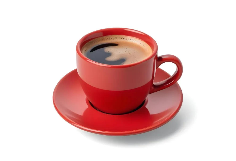 A Red Ceramic Cup Filled With A Creamy Latte With A Heart Shaped Design Made From The Foam On Top Sitting On A Matching Red Saucer 39 6bbd