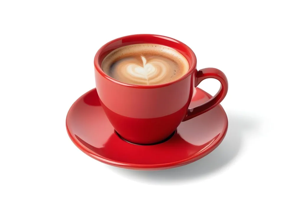A Red Ceramic Cup Filled With A Creamy Latte With A Heart Shaped Design Made From The Foam On Top Sitting On A Matching Red Saucer 40 8120