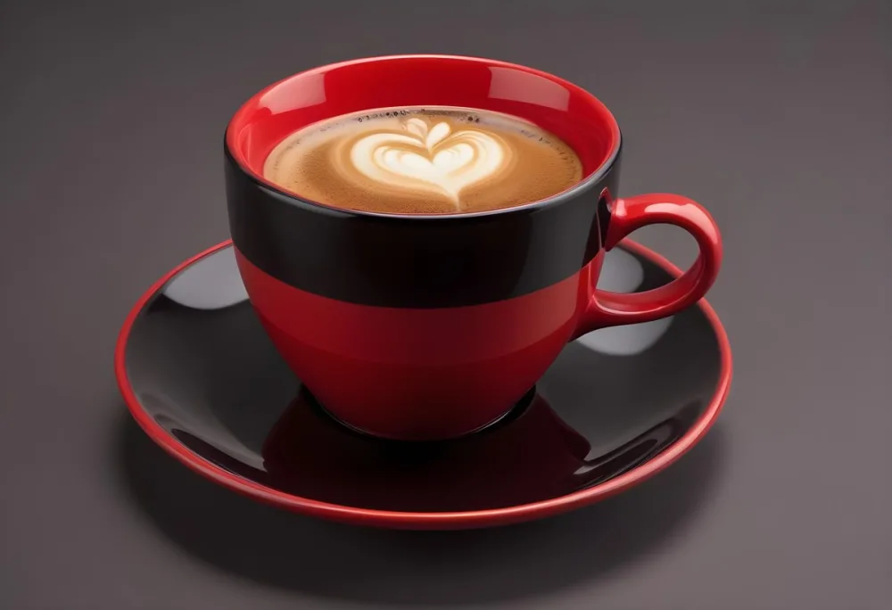 A Red Ceramic Cup Filled With A Creamy Latte With A Heart Shaped Design Made From The Foam On Top Sitting On A Matching Red Saucer 43 B557