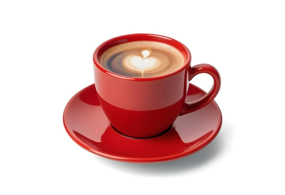 A Red Ceramic Cup Filled With A Creamy Latte With A Heart Shaped Design Made From The Foam On Top Sitting On A Matching Red Saucer 44 95c7