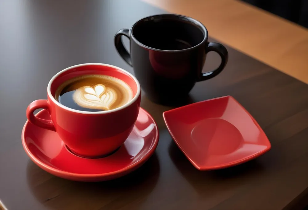 A Red Ceramic Cup Filled With A Creamy Latte With A Heart Shaped Design Made From The Foam On Top Sitting On A Matching Red Saucer 46 62b6