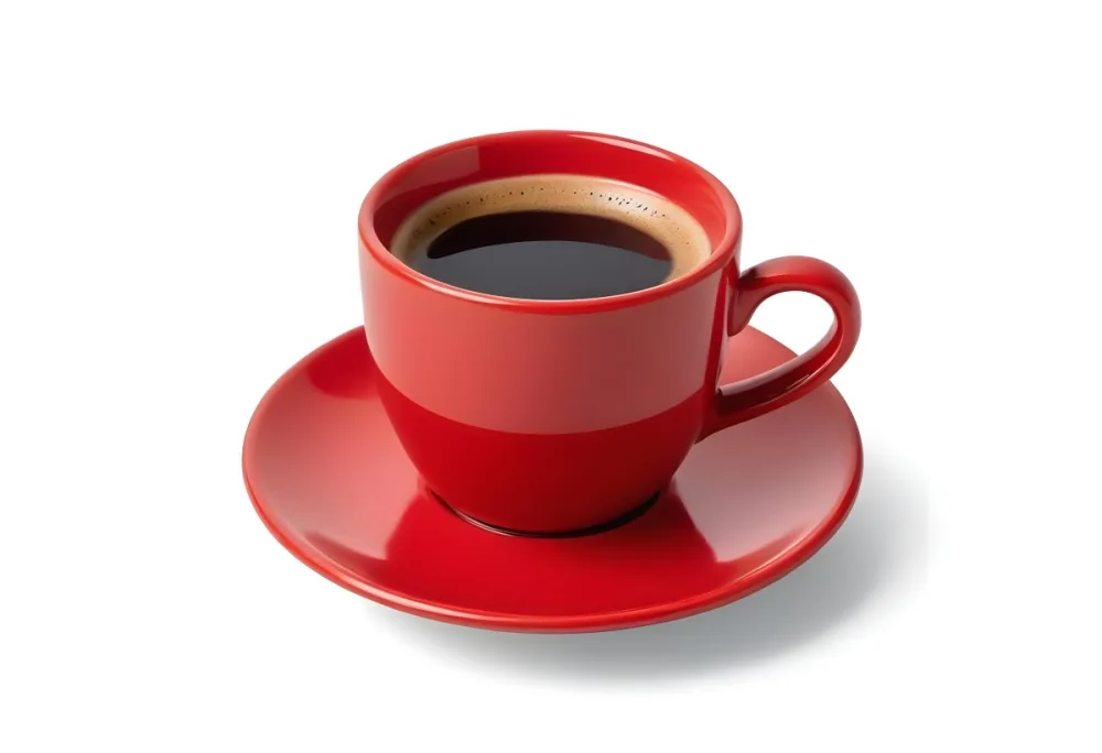 A Red Ceramic Cup Filled With A Creamy Latte With A Heart Shaped Design Made From The Foam On Top Sitting On A Matching Red Saucer 47 4f63