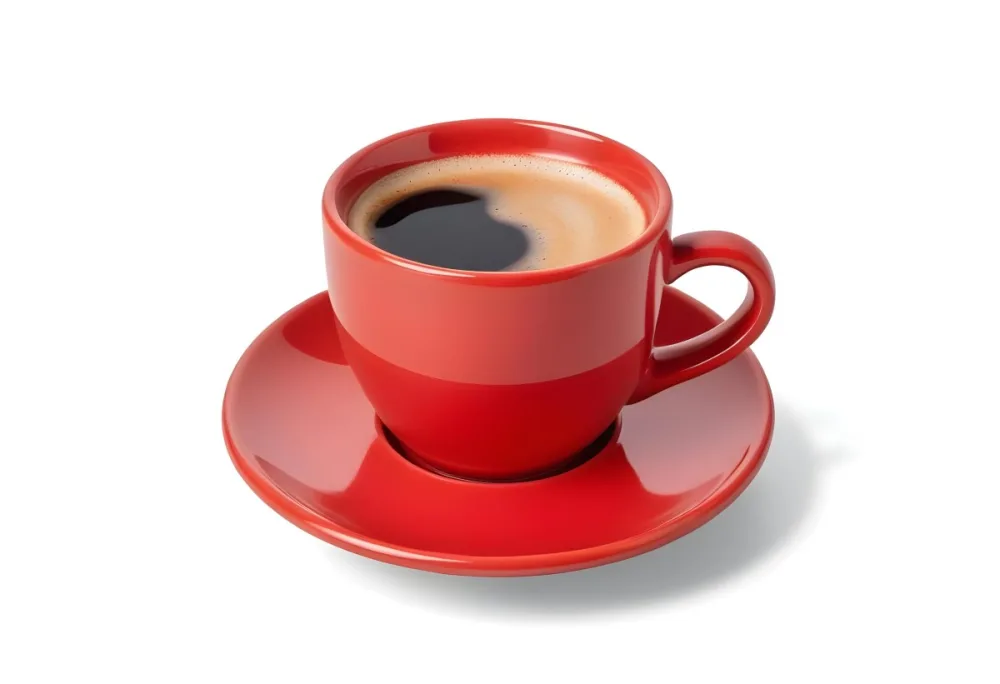 A Red Ceramic Cup Filled With A Creamy Latte With A Heart Shaped Design Made From The Foam On Top Sitting On A Matching Red Saucer 48 280d