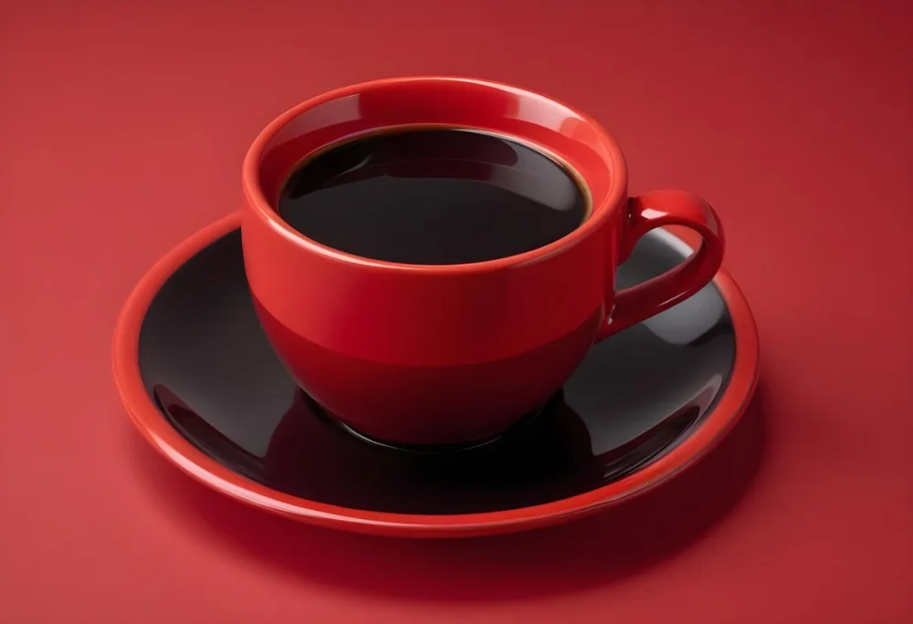 A Red Ceramic Cup Filled With A Creamy Latte With A Heart Shaped Design Made From The Foam On Top Sitting On A Matching Red Saucer 49 69e0