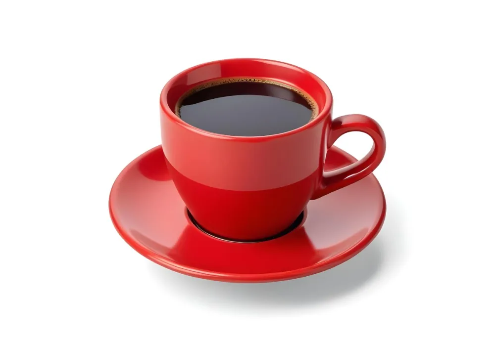 A Red Ceramic Cup Filled With A Creamy Latte With A Heart Shaped Design Made From The Foam On Top Sitting On A Matching Red Saucer 50 137c