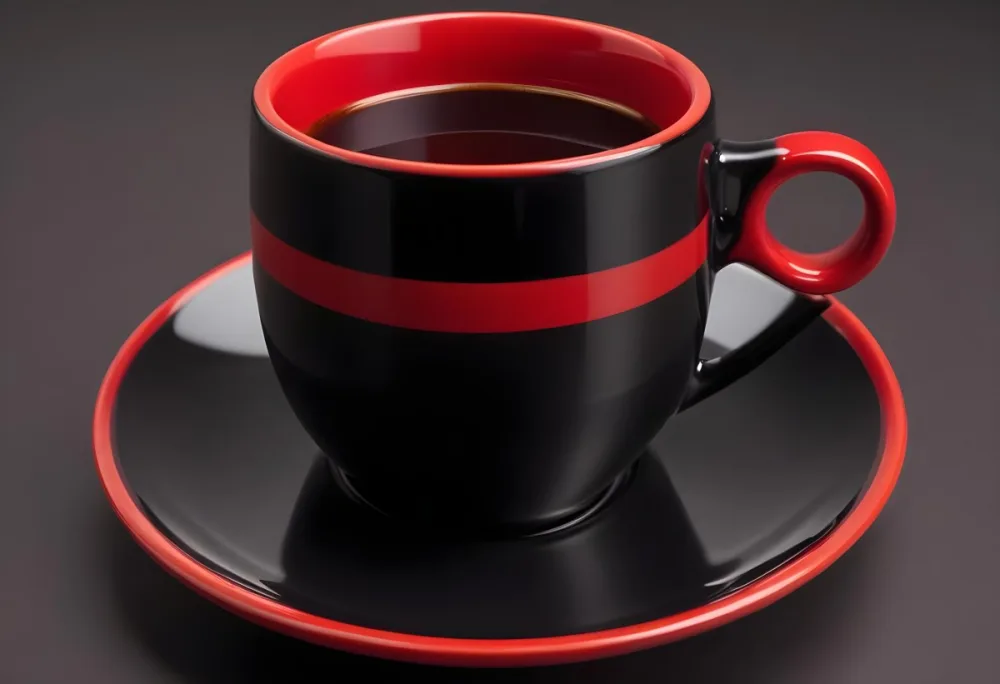 A Red Ceramic Cup Filled With A Creamy Latte With A Heart Shaped Design Made From The Foam On Top Sitting On A Matching Red Saucer 51 6866