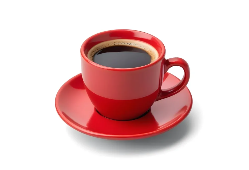 A Red Ceramic Cup Filled With A Creamy Latte With A Heart Shaped Design Made From The Foam On Top Sitting On A Matching Red Saucer 6 Bec4