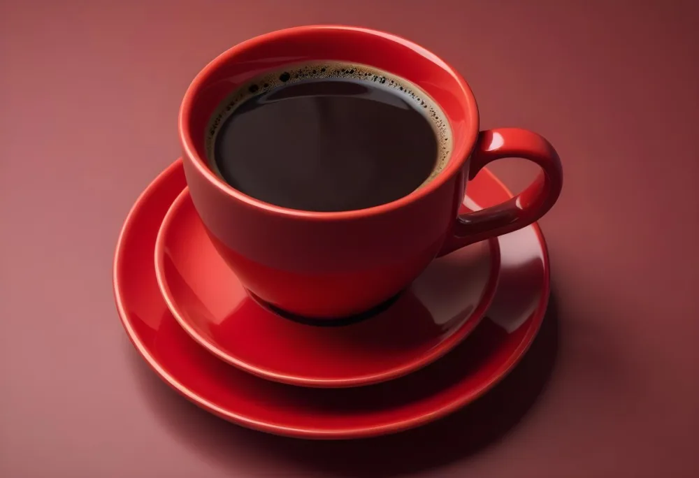 A Red Ceramic Cup Filled With A Creamy Latte With A Heart Shaped Design Made From The Foam On Top Sitting On A Matching Red Saucer 7 D326