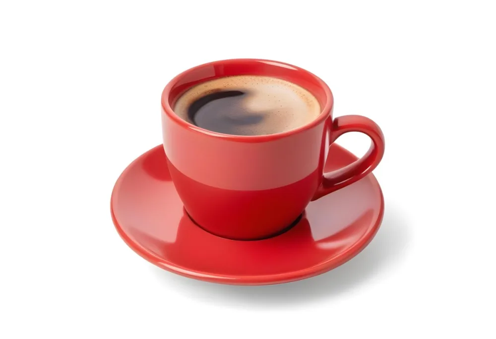 A Red Ceramic Cup Filled With A Creamy Latte With A Heart Shaped Design Made From The Foam On Top Sitting On A Matching Red Saucer 8 C0cd