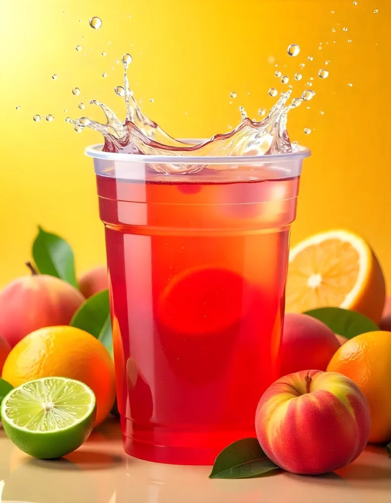 A Red Plastic Cup With Water Splashing Out Of It Surrounded By Various Fruits Like Oranges Limes And Peaches With A Bright Yellow Background 10 Ef9d