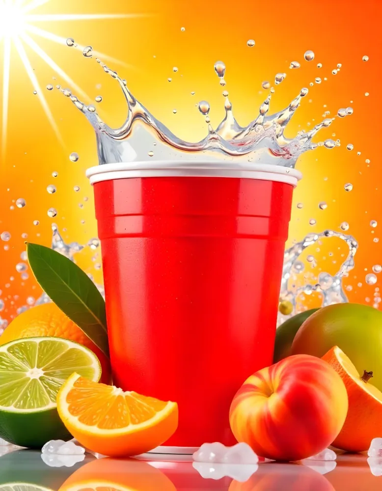 A Red Plastic Cup With Water Splashing Out Of It Surrounded By Various Fruits Like Oranges Limes And Peaches With A Bright Yellow Background 14 Ee15