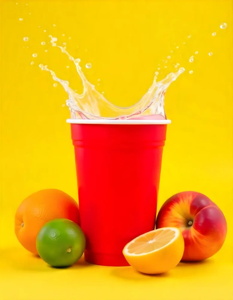 A Red Plastic Cup With Water Splashing Out Of It Surrounded By Various Fruits Like Oranges Limes And Peaches With A Bright Yellow Background 2 Ebc2