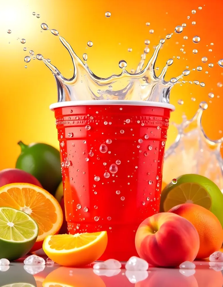 A Red Plastic Cup With Water Splashing Out Of It Surrounded By Various Fruits Like Oranges Limes And Peaches With A Bright Yellow Background 26 C504