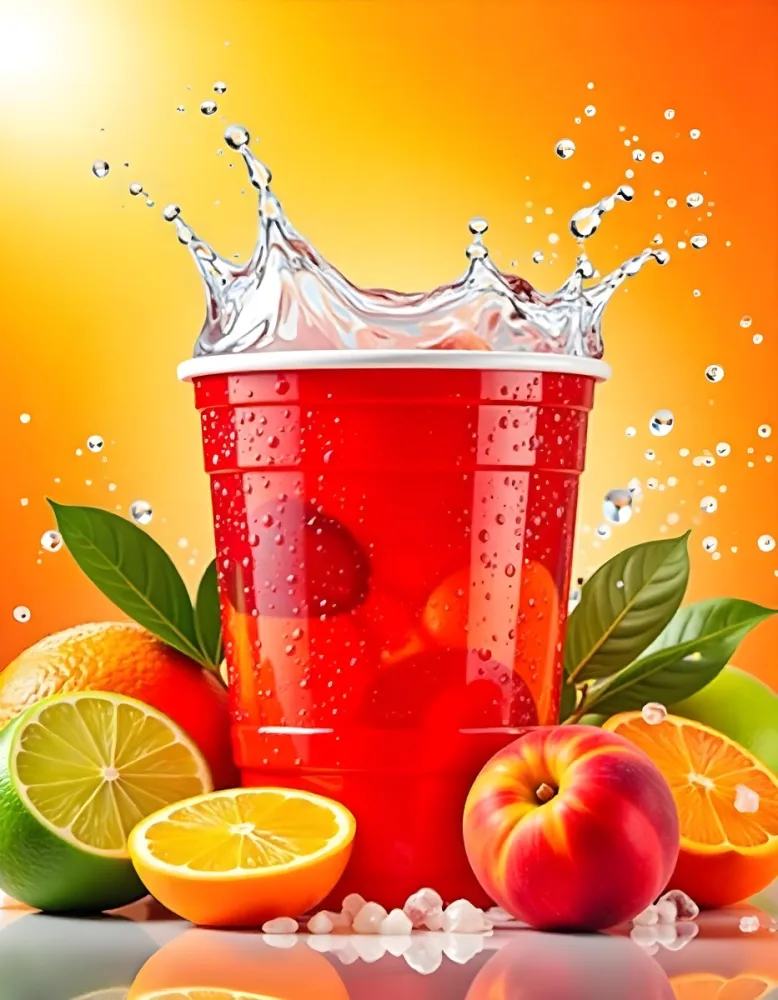 A Red Plastic Cup With Water Splashing Out Of It Surrounded By Various Fruits Like Oranges Limes And Peaches With A Bright Yellow Background 27 6ac6
