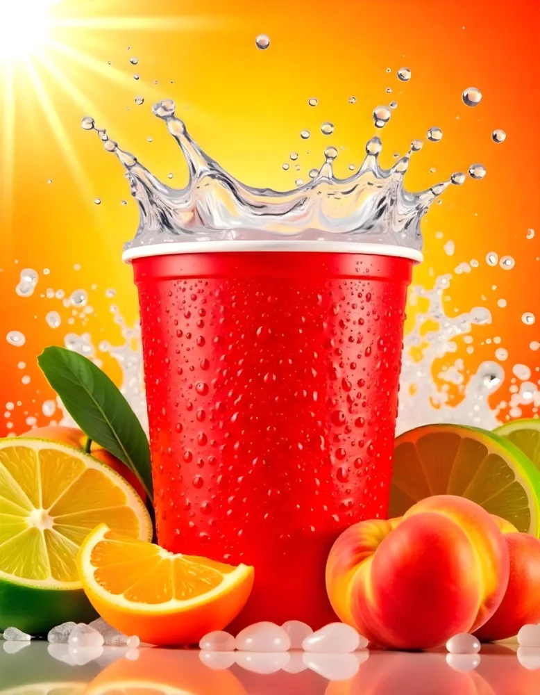 A Red Plastic Cup With Water Splashing Out Of It Surrounded By Various Fruits Like Oranges Limes And Peaches With A Bright Yellow Background 30 Cfc9